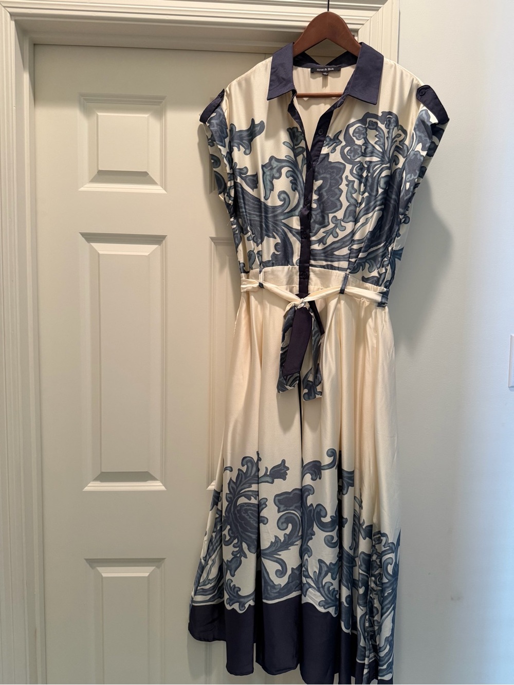 Cream and Blue Floral Maxi Shirt Dress with Tie Waist